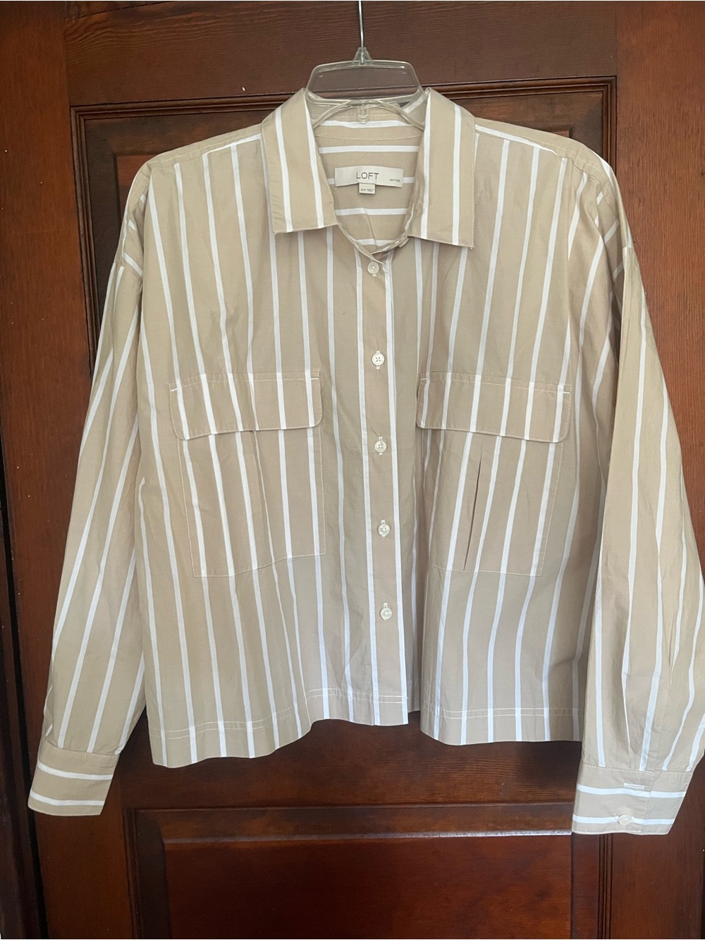 LOFT Beige and White Striped Collared Button-Up cropped shirt